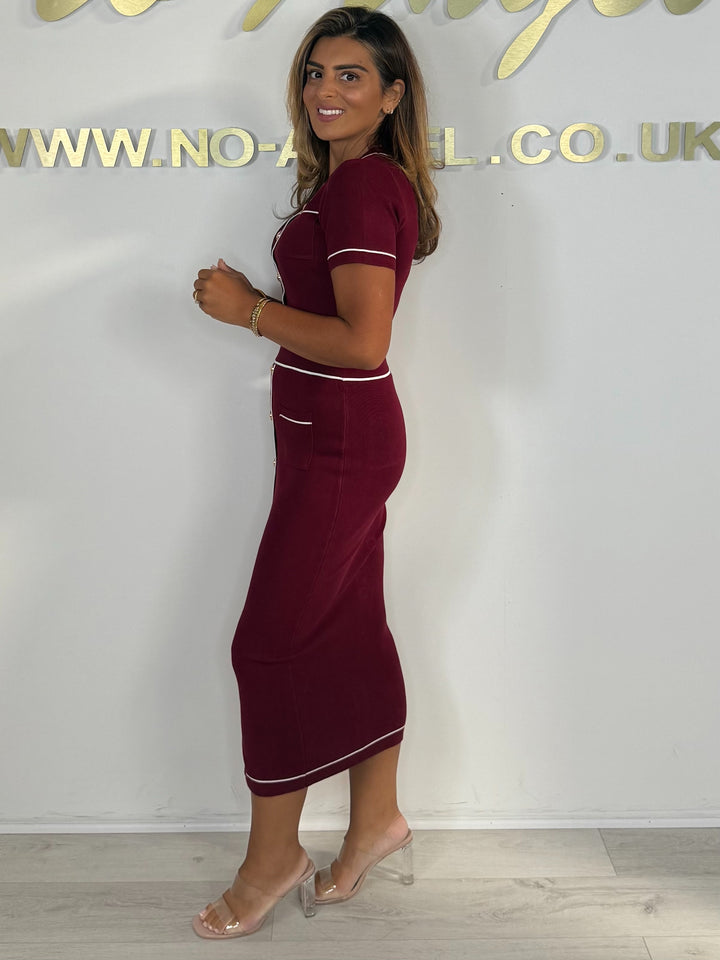 Short Sleeve Gold Button White Trim Cardigan & Midi Skirt Co-Ord (2 Colours)