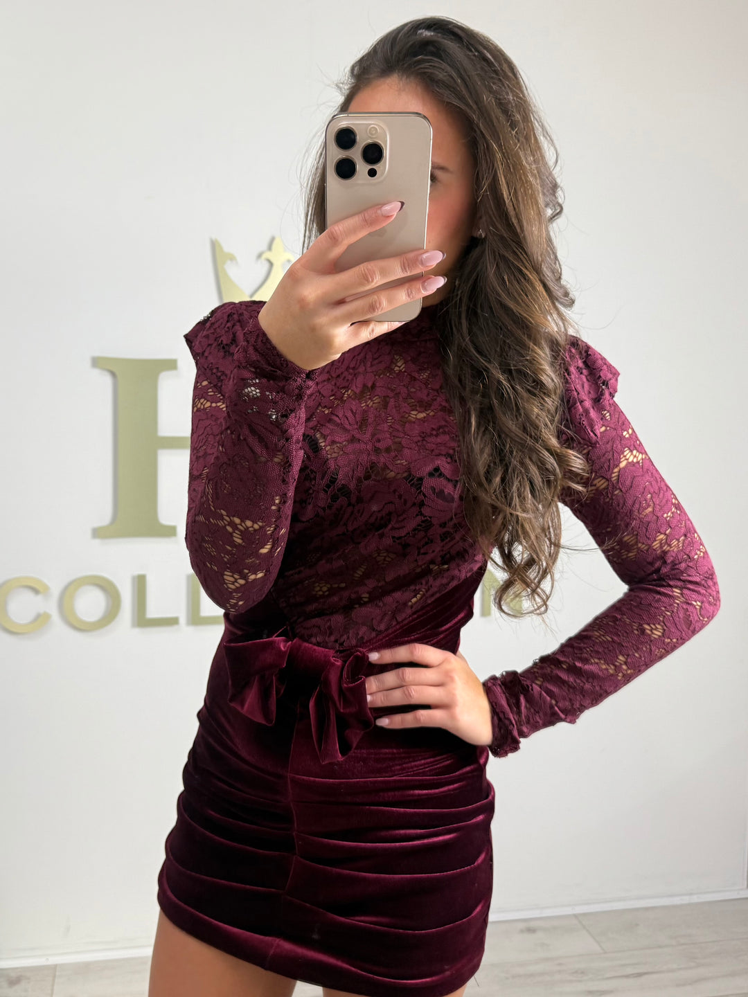 Velvet Bow Ruched Bottom Lace Top Mini Dress (2 Colours)