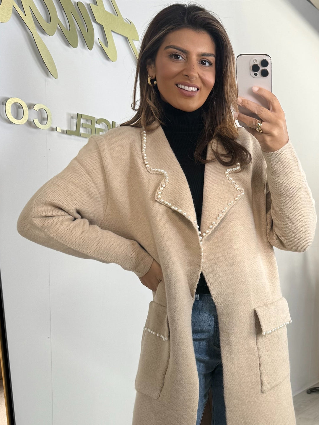 Beige Collared Pearl Edge Longline Cardigan