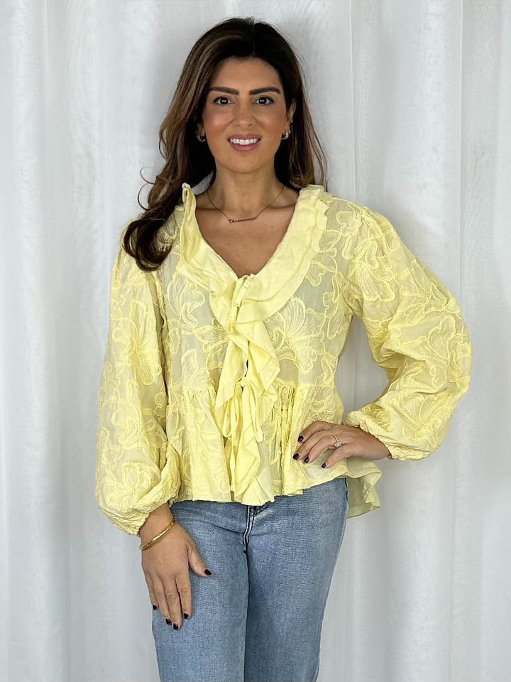 Balloon Sleeve Tie Front Ruffle Flower Print Shirt (4 Colours)