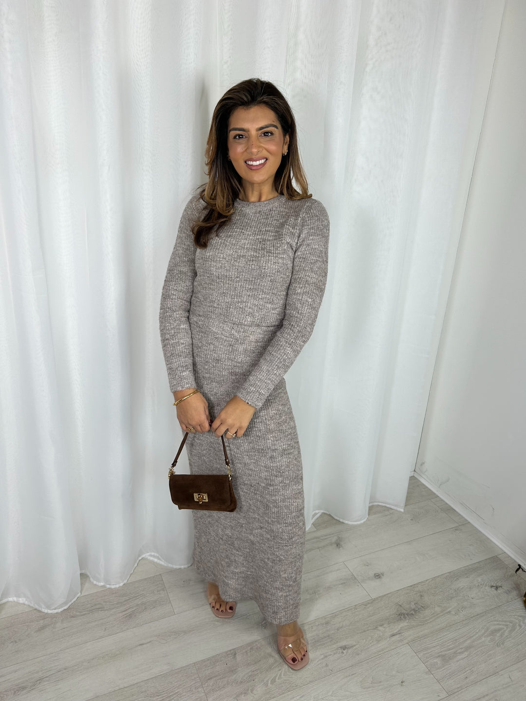 Taupe Cropped Knitted Jumper & Maxi Skirt Co-Ord