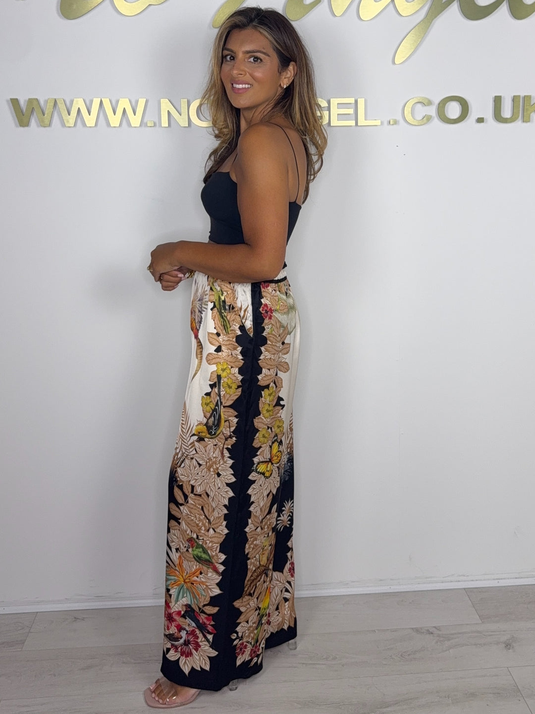 Bird Printed Black/Cream Elasticated Trousers