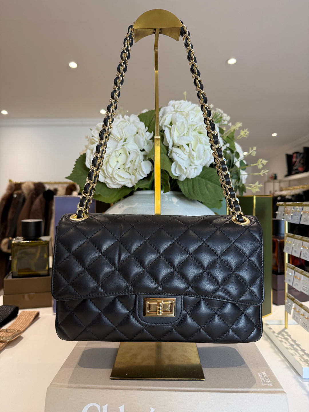 Large Genuine Leather Quilted Turn Lock Chain Handle Handbag (2 Colours)