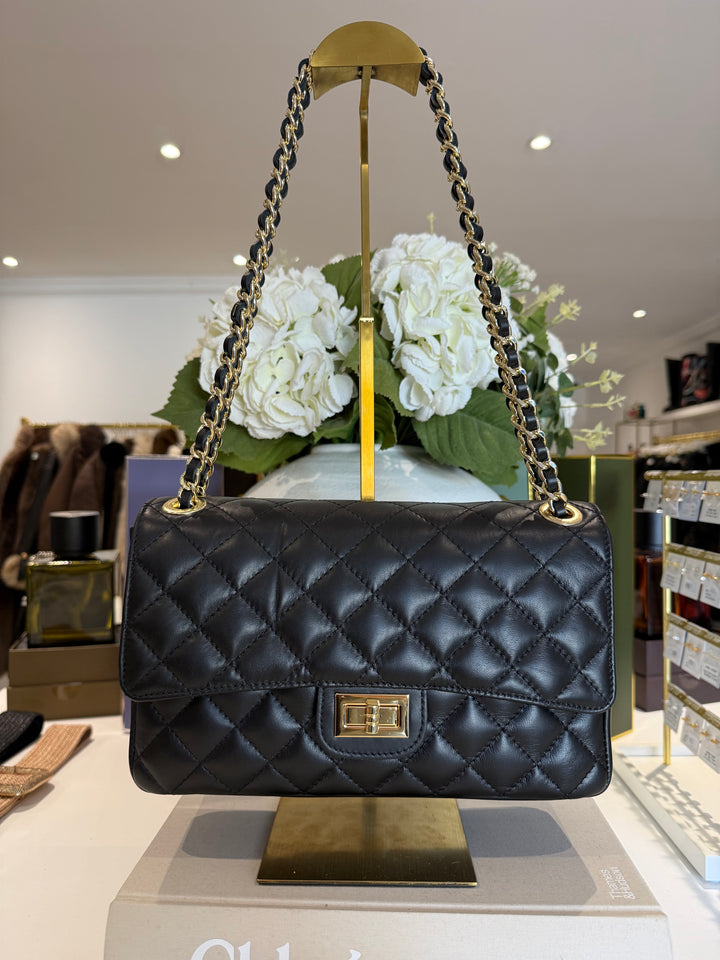 Large Genuine Leather Quilted Turn Lock Chain Handle Handbag (2 Colours)