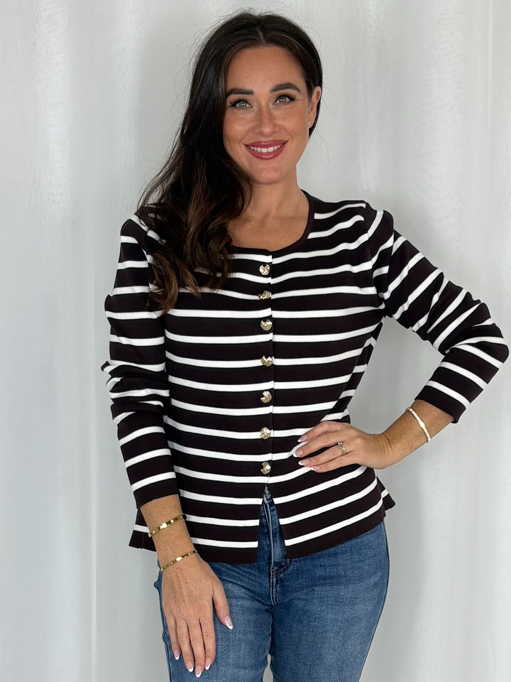 Striped Half Moon Shaped Gold Button Cardigan (3 Colours)