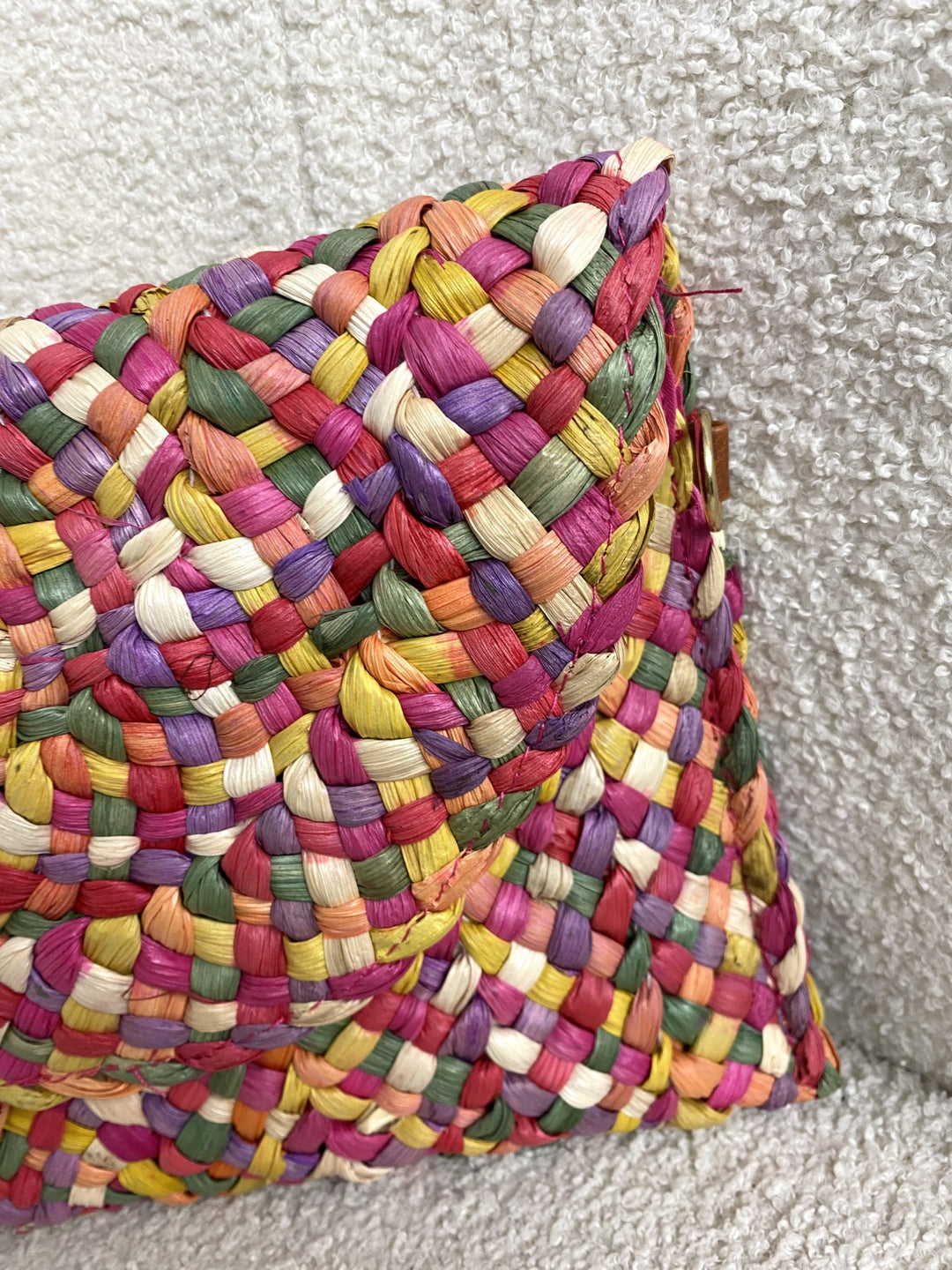 Pink Multi Chunky Woven Straw Clutch Bag