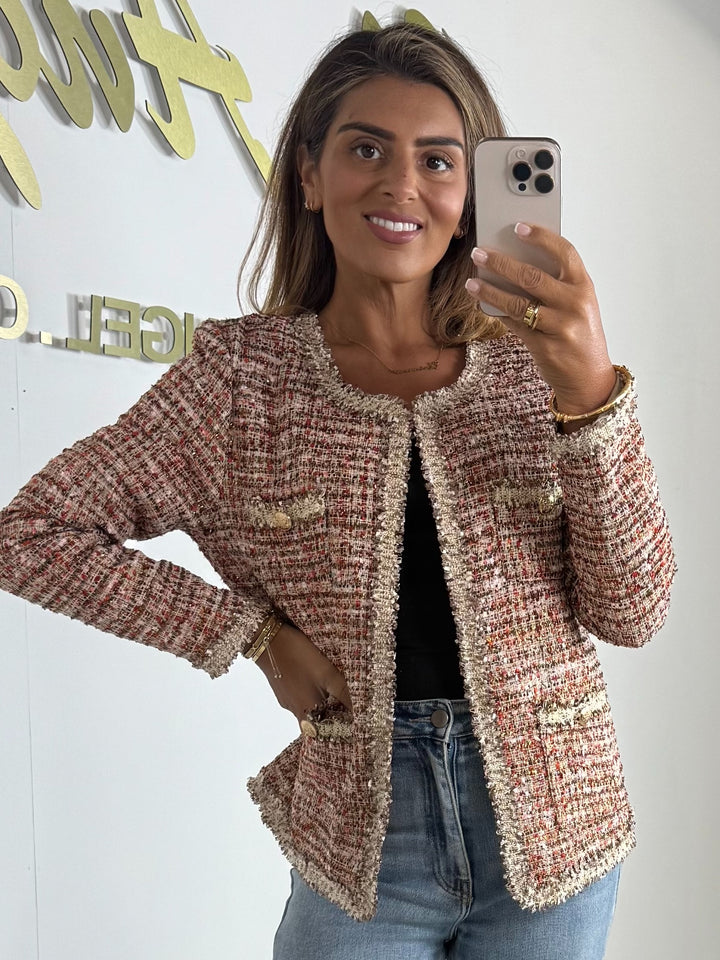 Tweed Red/Pink Raw Edge Longline Blazer