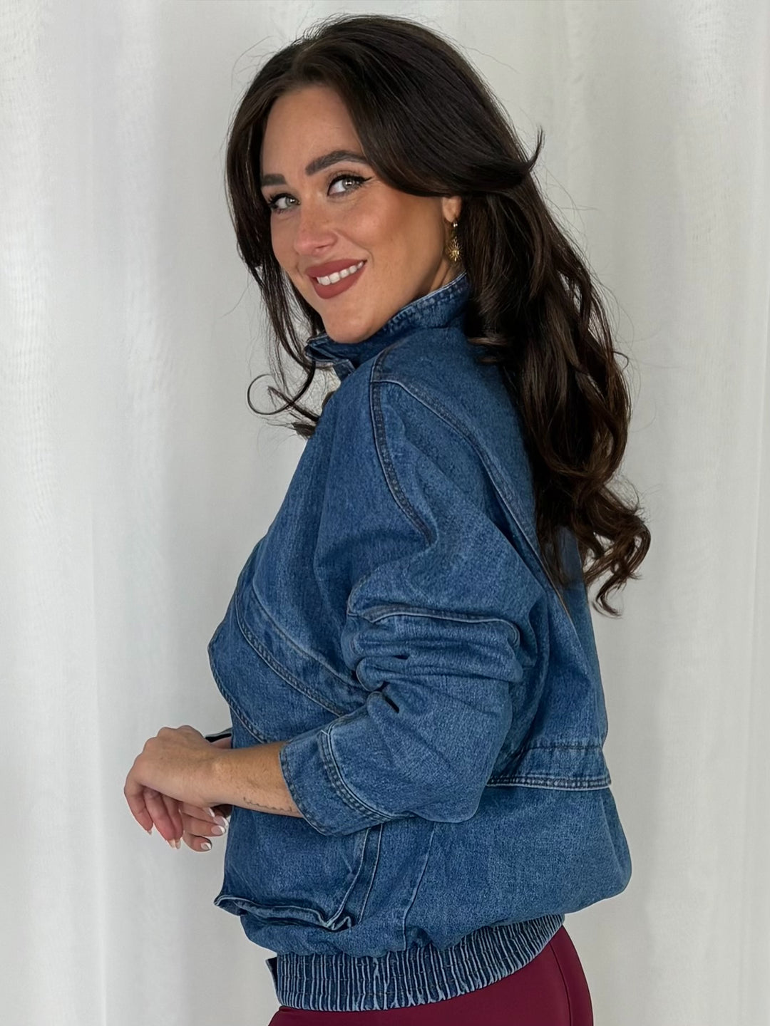 Denim Funnel Neck Jacket With Gold Button Detailing