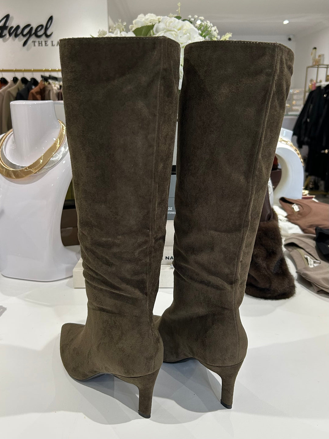 Faux Suede Knee High Stiletto Boots (2 Colours)