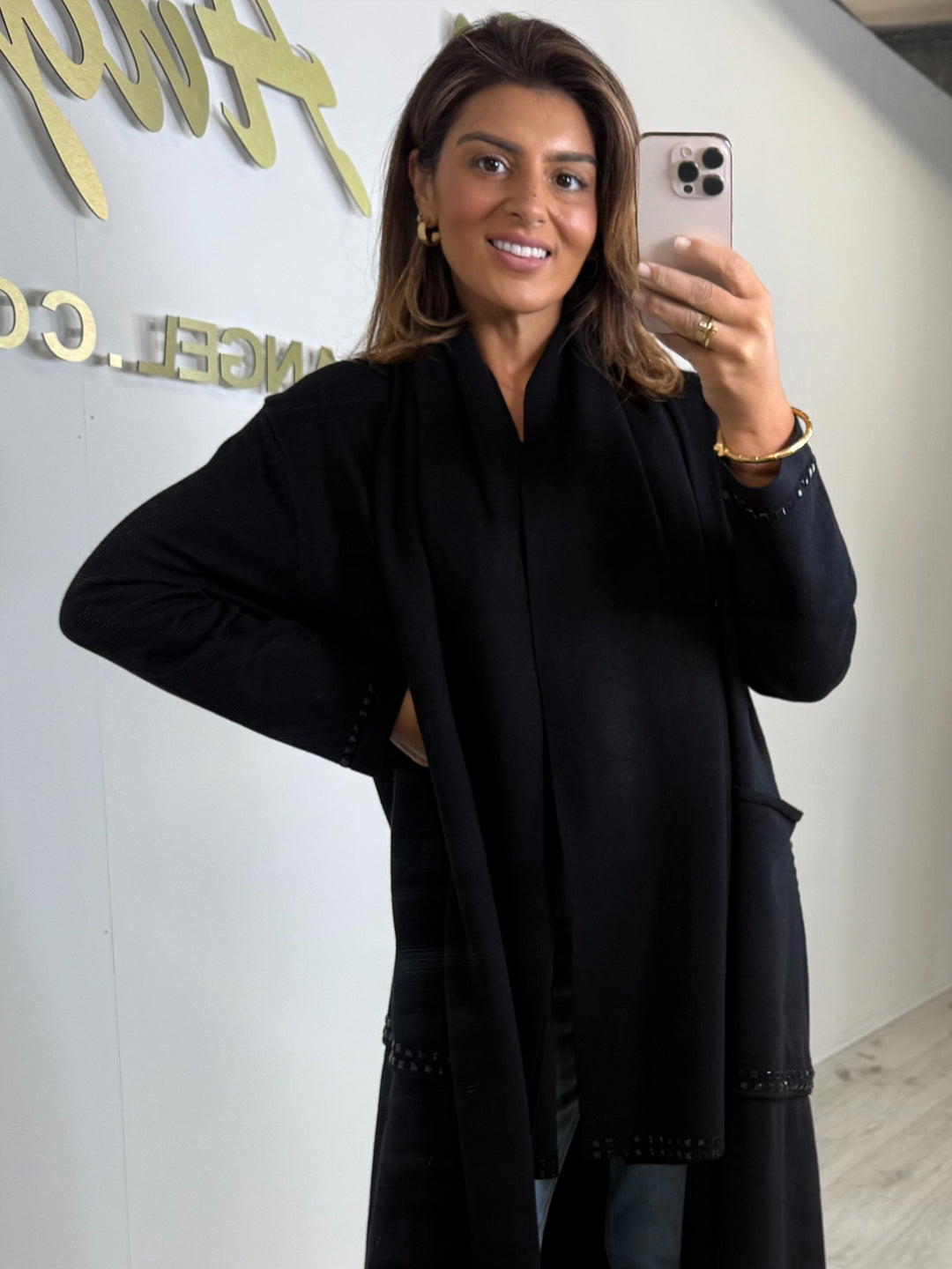 Black Knitted Longline Jewelled Detailed Cardigan With Scarf