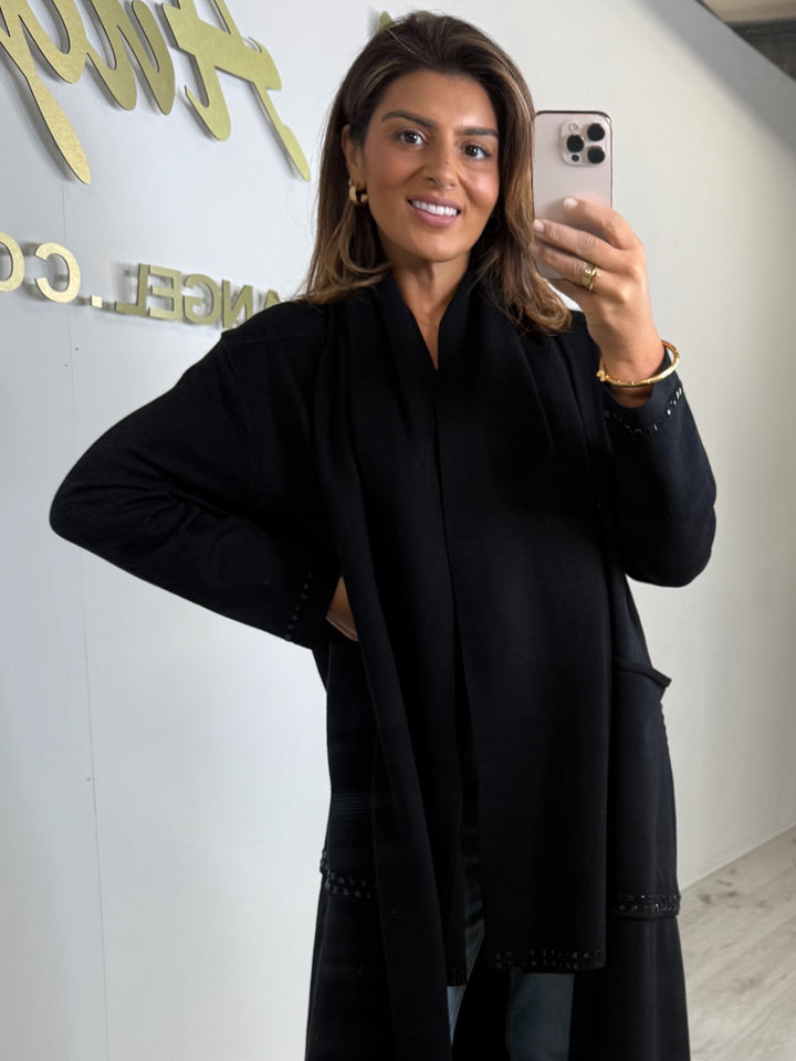 Black Knitted Longline Jewelled Detailed Cardigan With Scarf