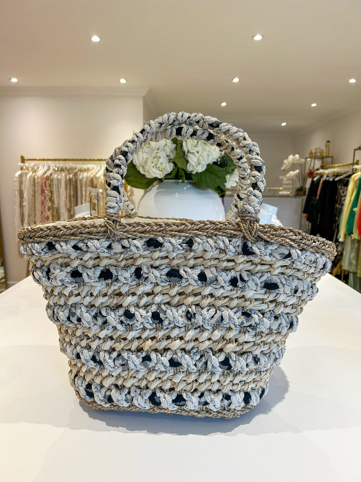 Black Shimmer Plait Detail Woven Beach Bag