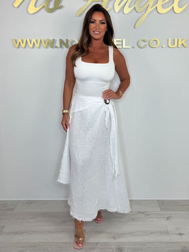 Linen Wrap Wooden Buckle Detail Raw Hem Skirt (4 Colours)