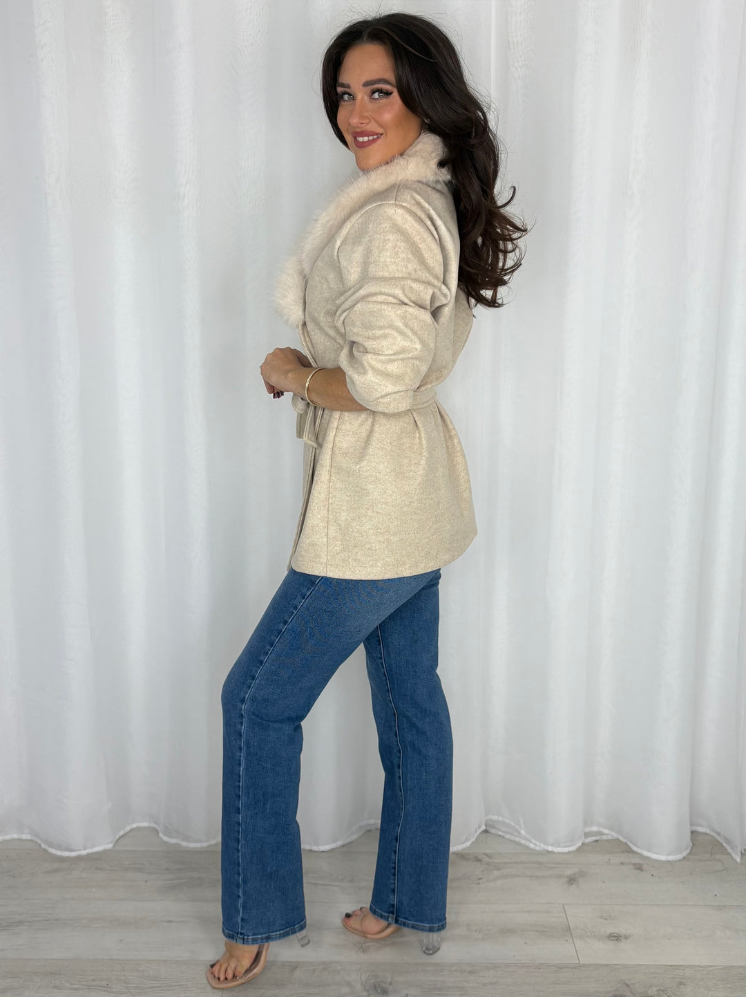 Faux Fur Collar Belted Wrap Cardigan