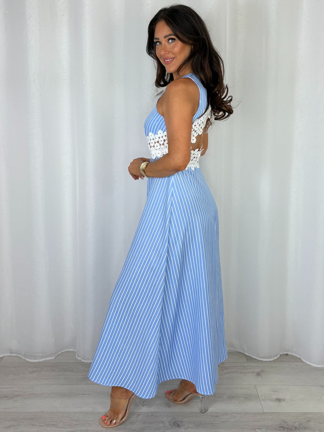 Pinstripe White Floral Crochet Detail Back Cut Out Dress
