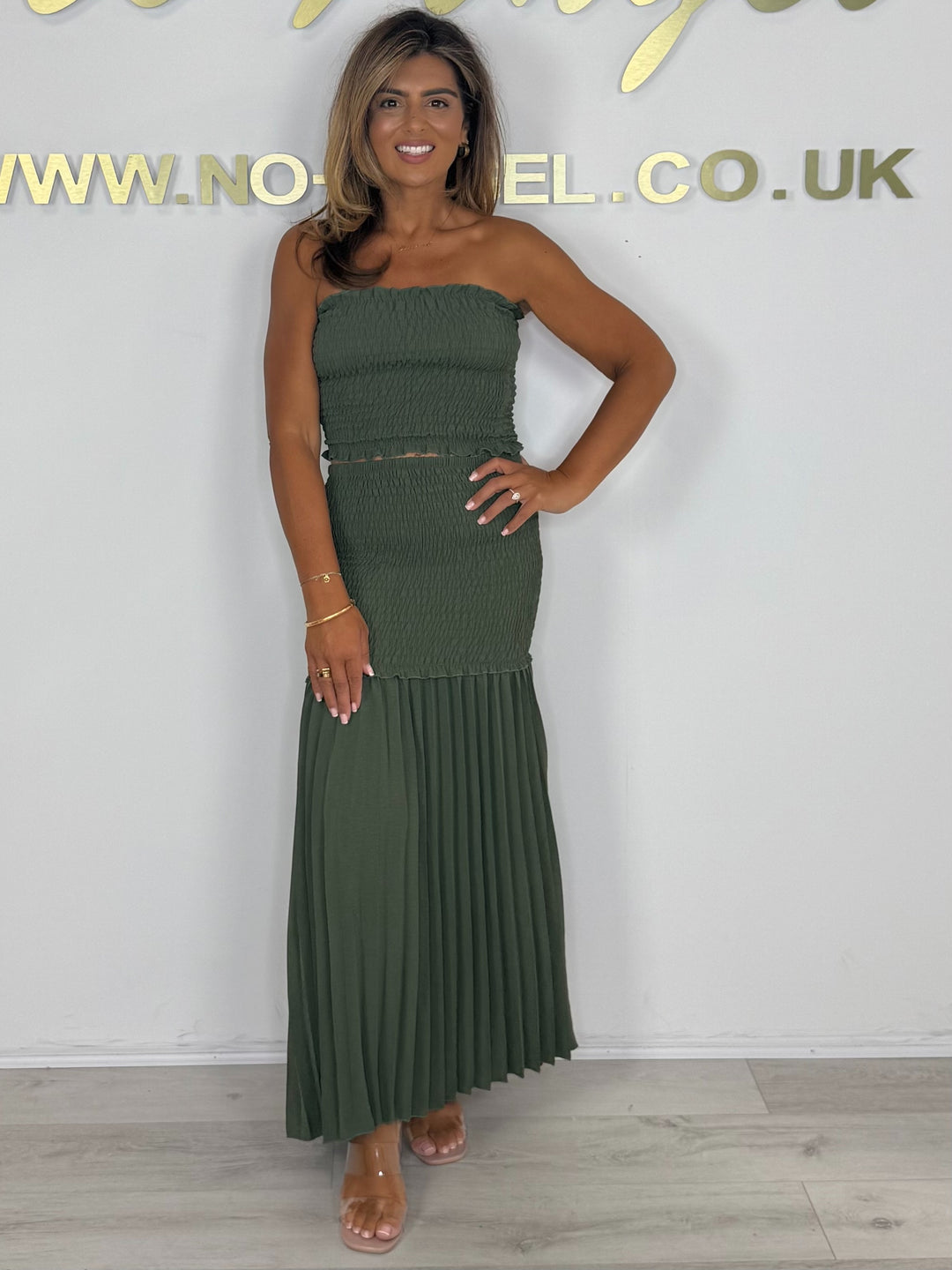 Bandeau Smocked Top With Smocked Pleated Maxi Skirt Co-ord (9 Colours)