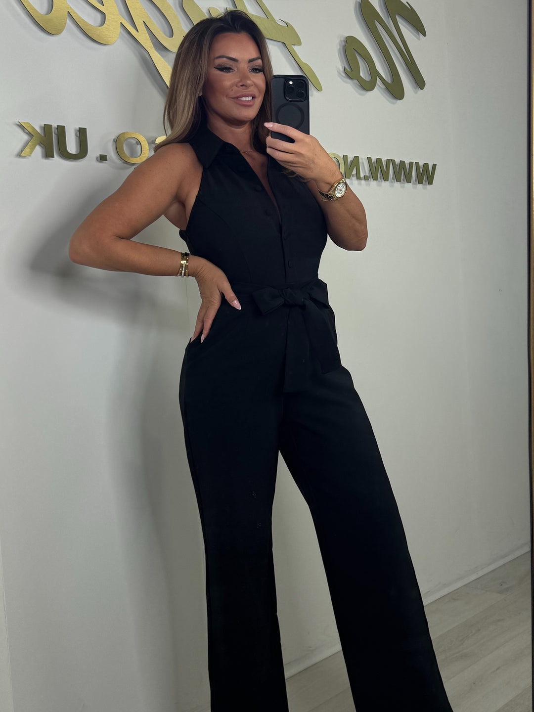 Black Sleeveless Collared Belted Jumpsuit