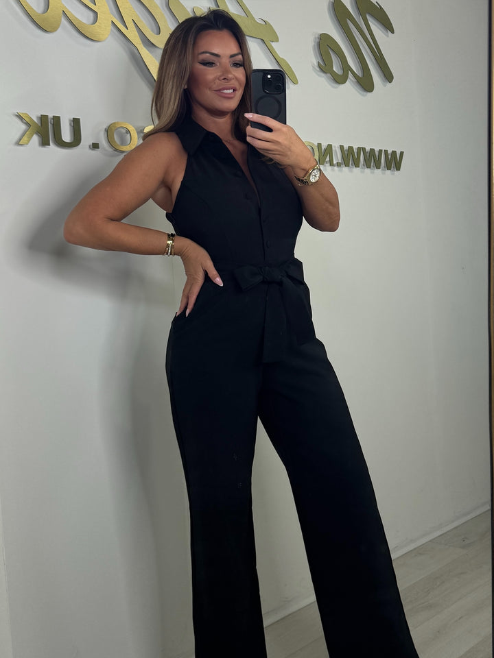 Black Sleeveless Collared Belted Jumpsuit