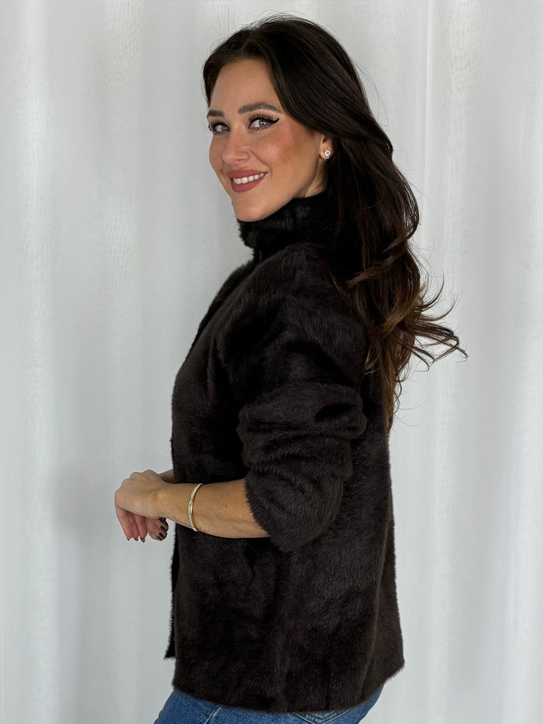 Fluffy High Neck Button Front Cardigan