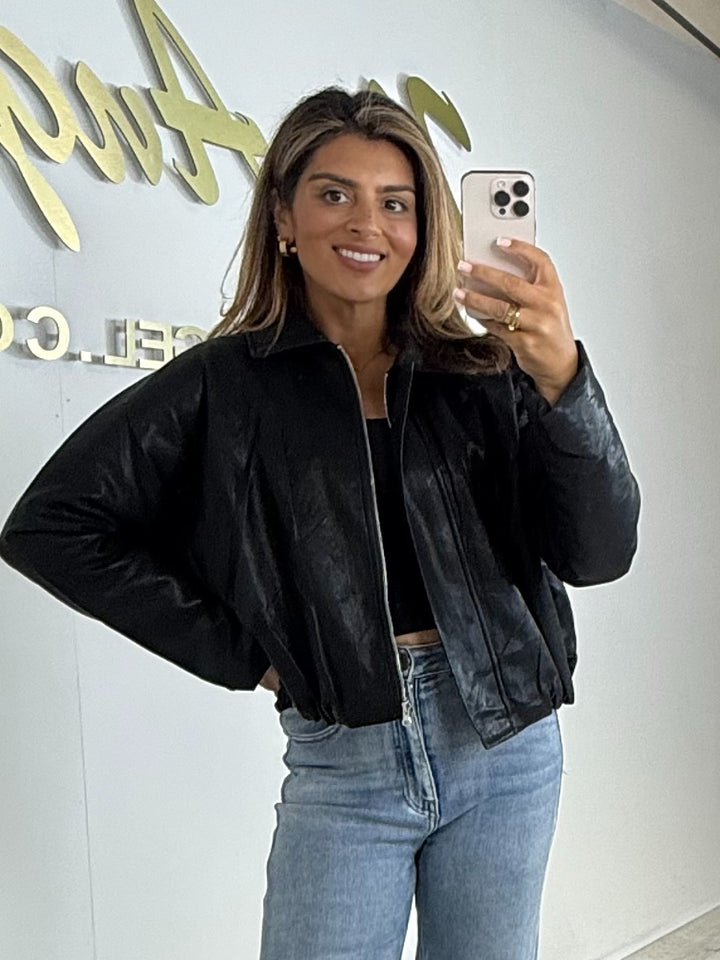 Collared Zip Up Leather Look Bomber Jacket (2 Colours)