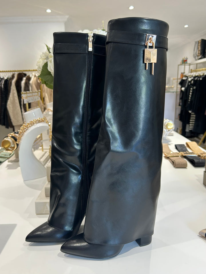 Gold Buckle Faux Leather Fold Over Knee High Boots (2 Colours)