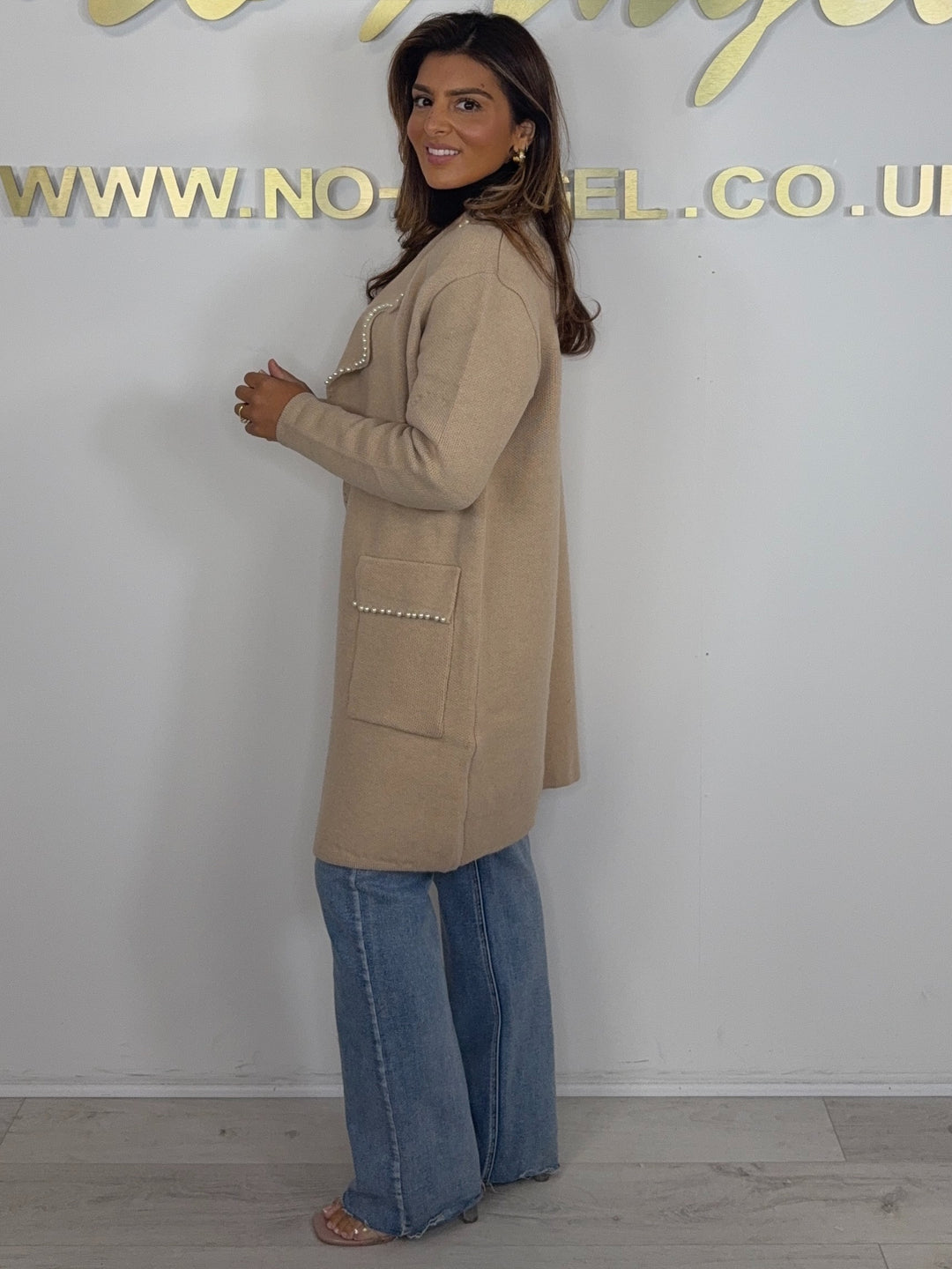 Beige Collared Pearl Edge Longline Cardigan