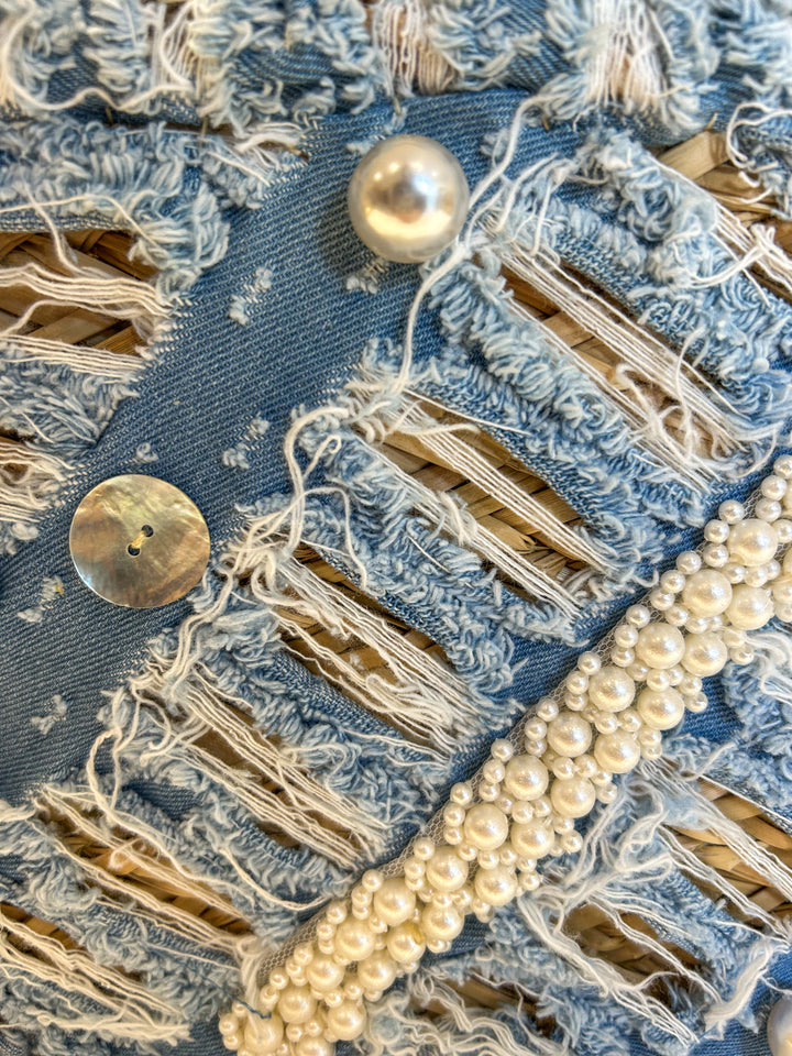 Blue Denim Pearl Button Detail Beach Bag