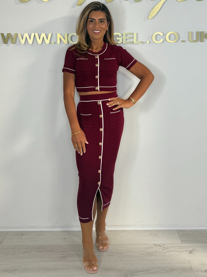 Short Sleeve Gold Button White Trim Cardigan & Midi Skirt Co-Ord (2 Colours)