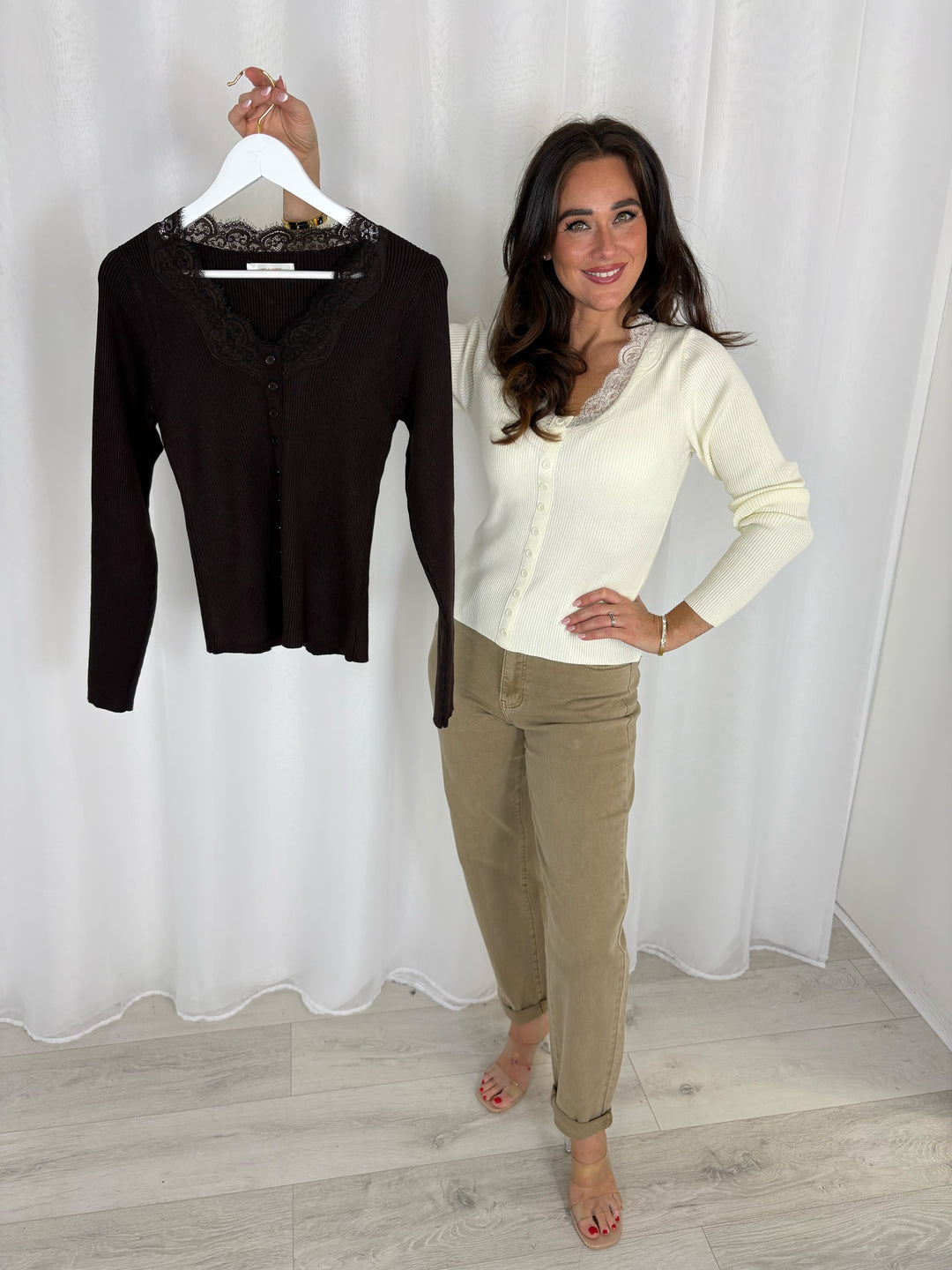 Lace Neck Trim Button Down Top (2 Colours)