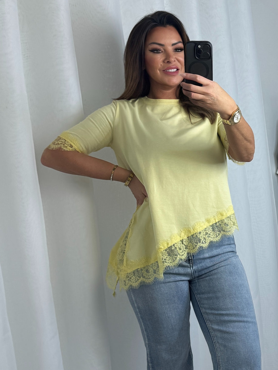 Round Neck Lace Trim Asymmetric Bottom Top (6 Colours)