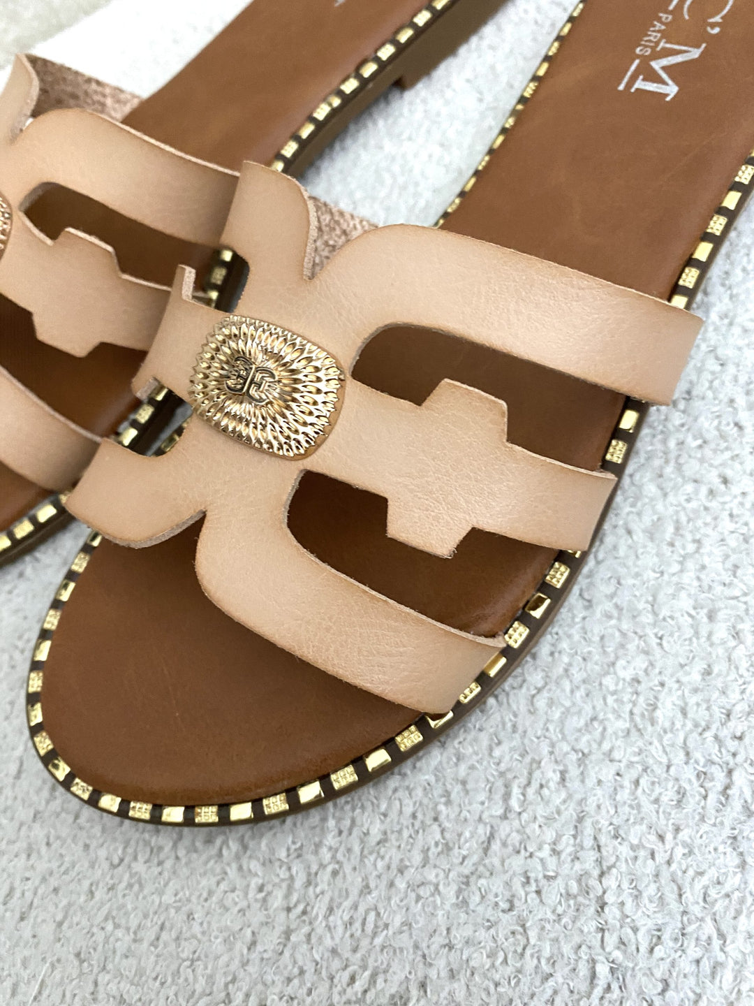 Nude & Gold Leather Look Slider Sandals