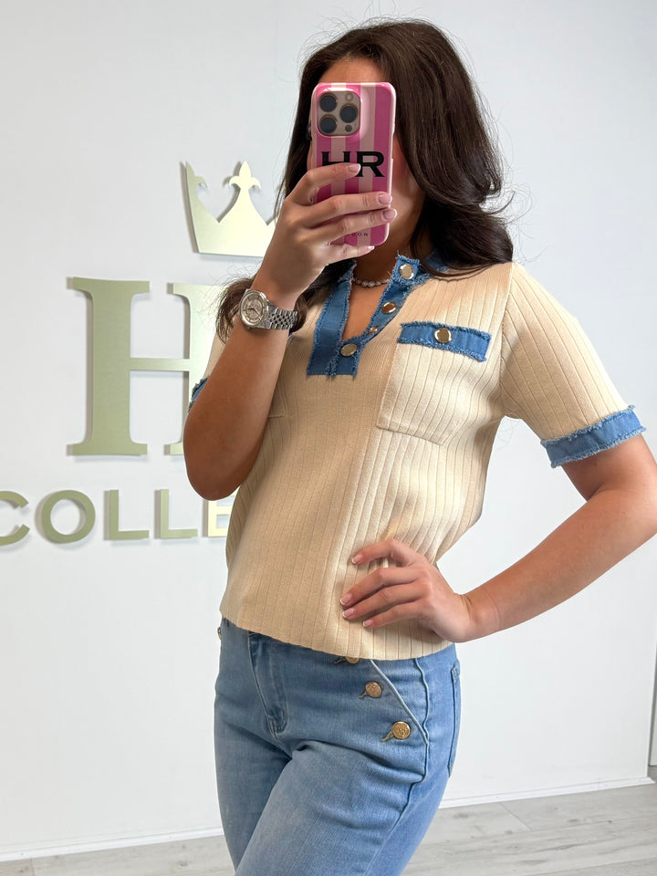 Short Sleeve Ribbed Denim Trim Gold Button Top