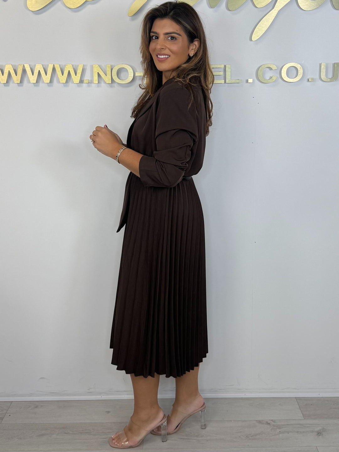 Long Sleeve Collared Belted Pleated Bottom Dress (2 Colours)
