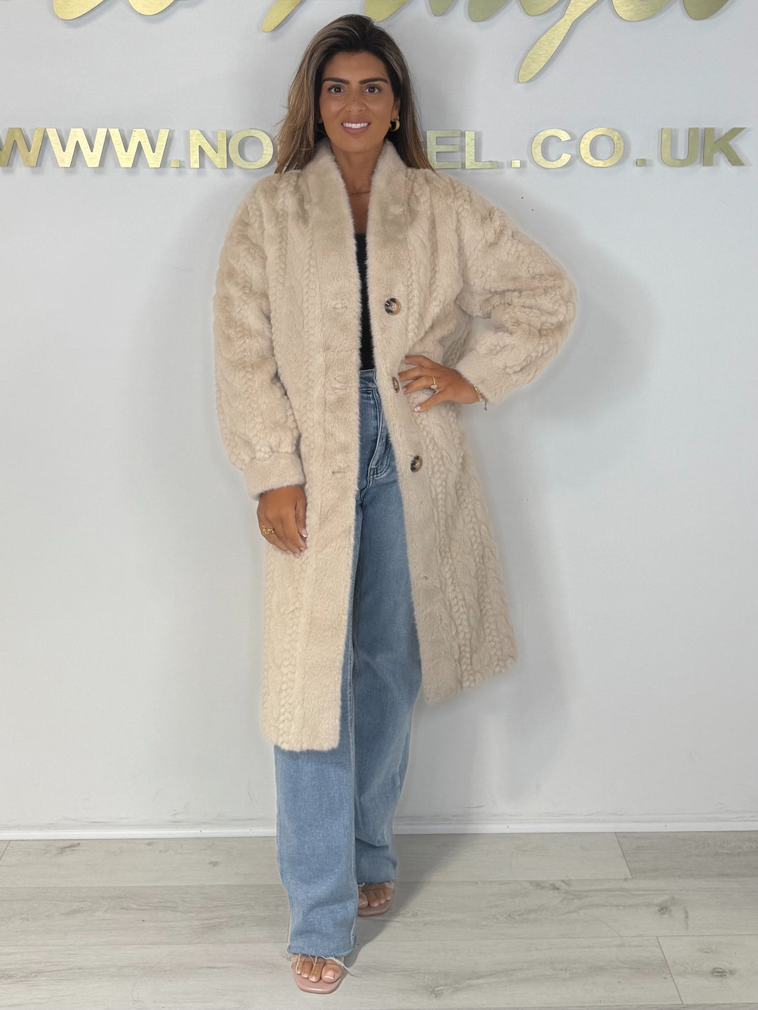 Faux Fur Cable Design Button Up Longline Jacket (4 Colours)
