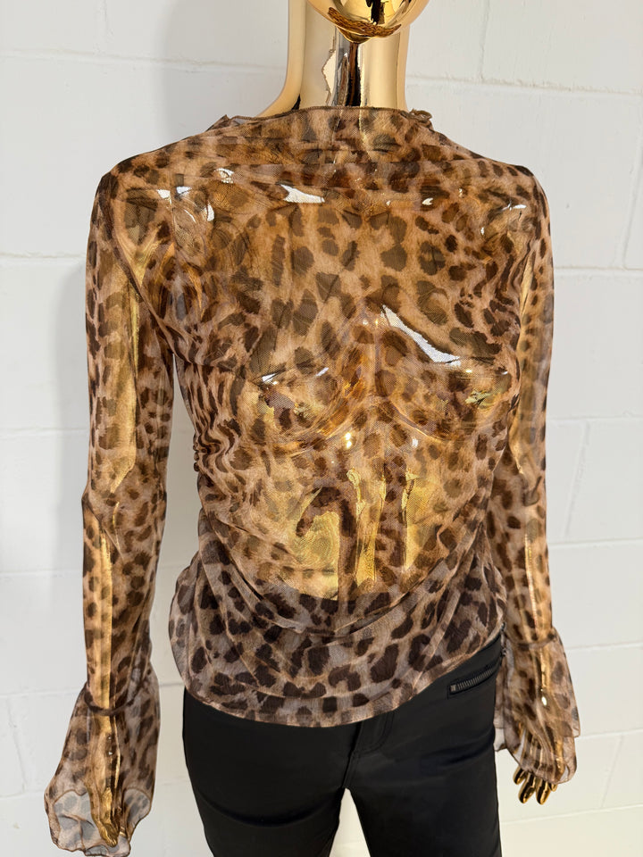 Leopard Mesh Bell Sleeve Top