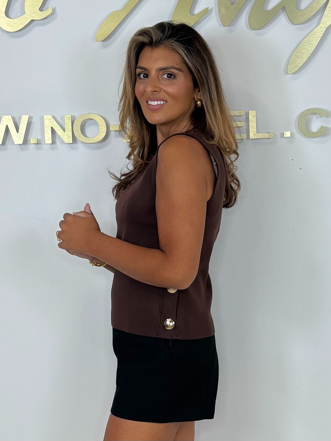 Round Neck Sleeveless Gold Button Detail Top (3 Colours)