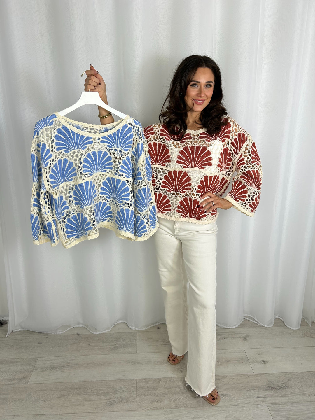 Shell Detail Crochet Long Sleeve Top (2 Colours)