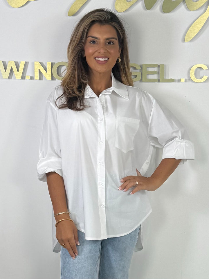 White Button Detail Oversize High Low Shirt