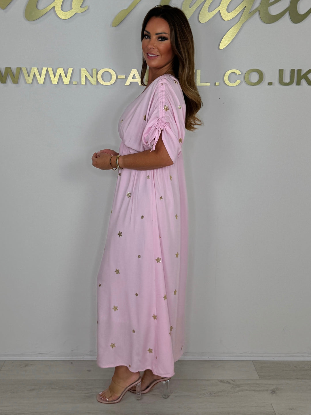 V-Neck Bell Sleeve Gold Sequin Flower Detail Maxi Dress (2 Colours)