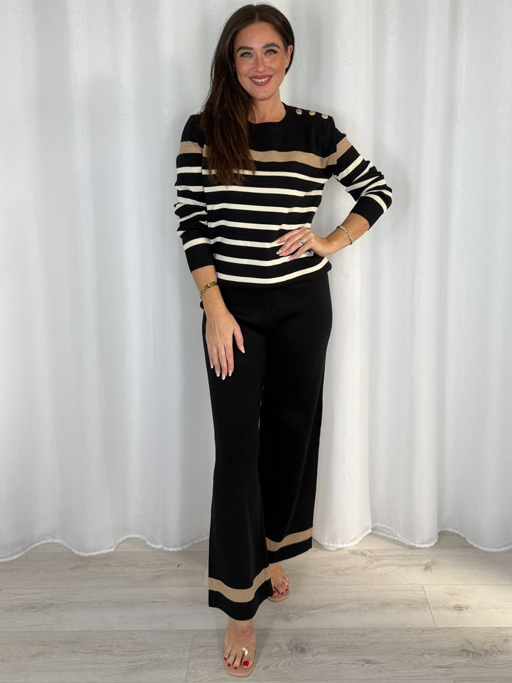Striped Jumper With Gold Button Detail And Straight Leg Trouser Co-Ord (4 Colours)