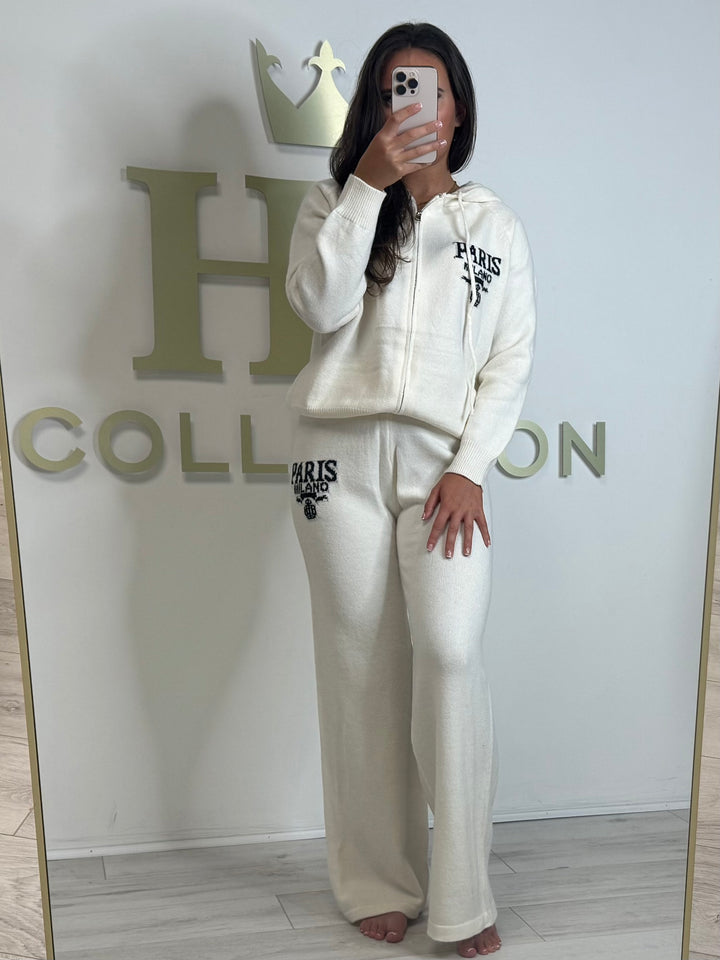 Soft Knit Embroidered Paris Hooded Zip Up Trouser Co-ord (2 Colours)