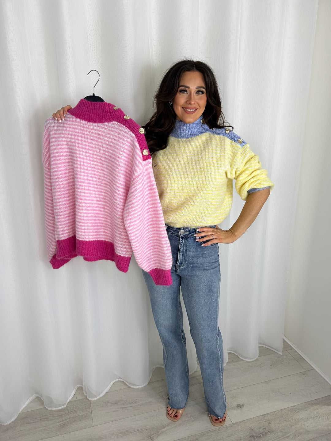 High Neck Gold Hammered Button Stripe Jumper (2 Colours)