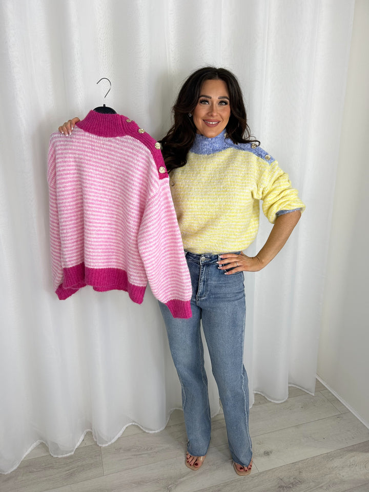 High Neck Gold Hammered Button Stripe Jumper (2 Colours)