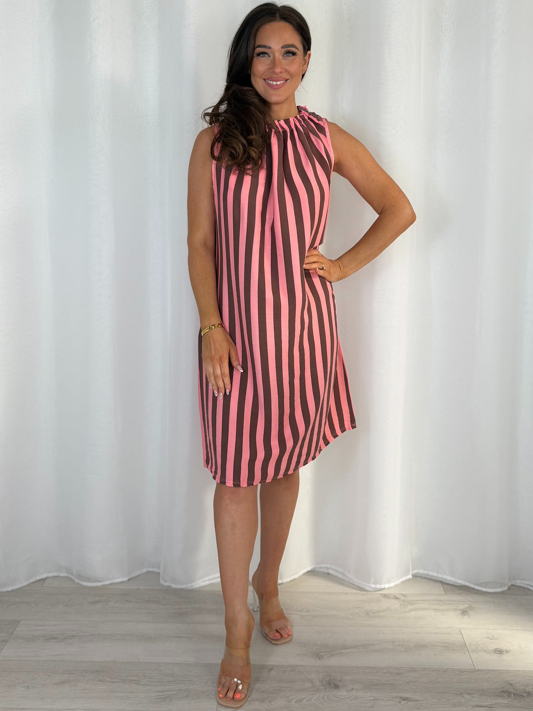 Striped Ruffle Neck Midi Dress (5 Colours)