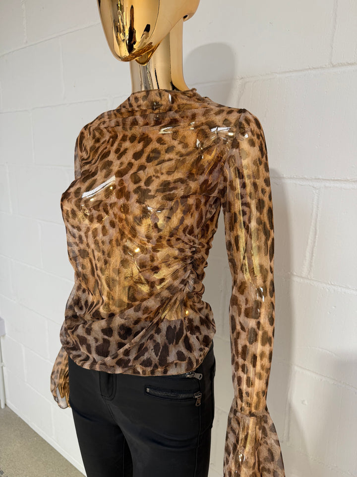 Leopard Mesh Bell Sleeve Top