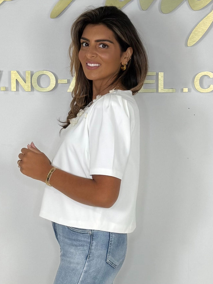 Short Puff Sleeve Sequin Flower Detail Top (4 Colours)