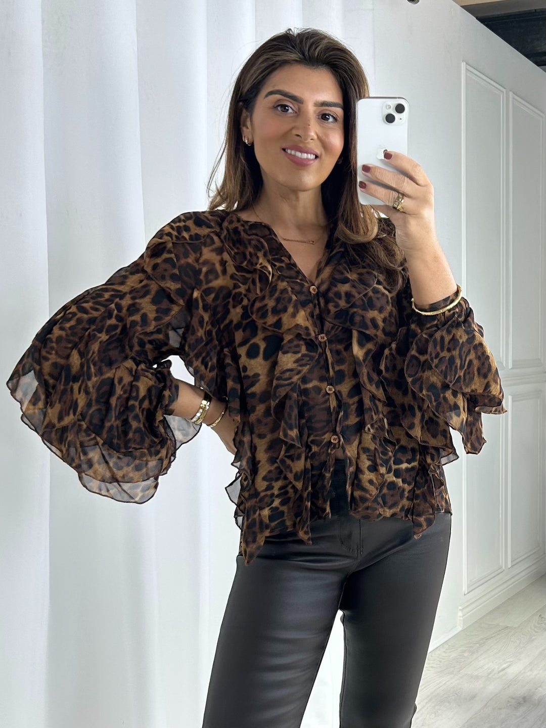 Leopard Sheer Ruffle Blouse
