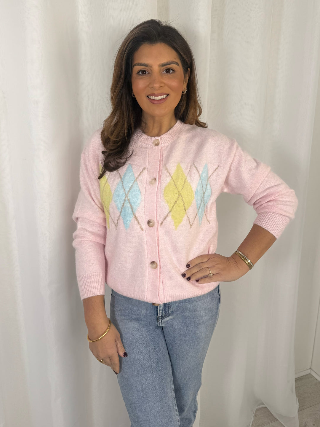 Yellow/Blue Diamond Design Button Up Pink Cardigan