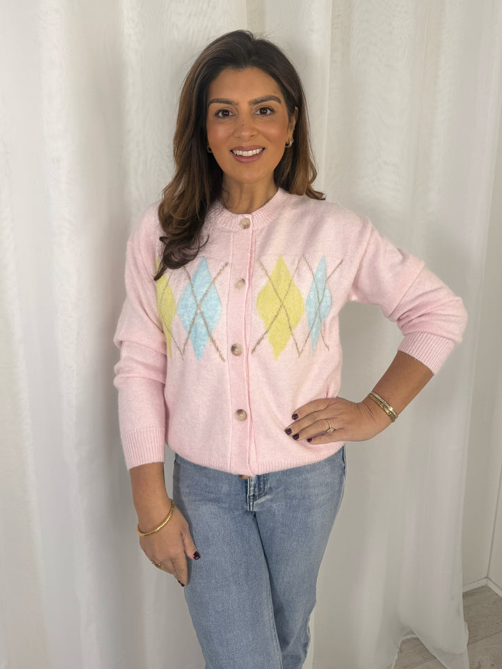 Yellow/Blue Diamond Design Button Up Pink Cardigan