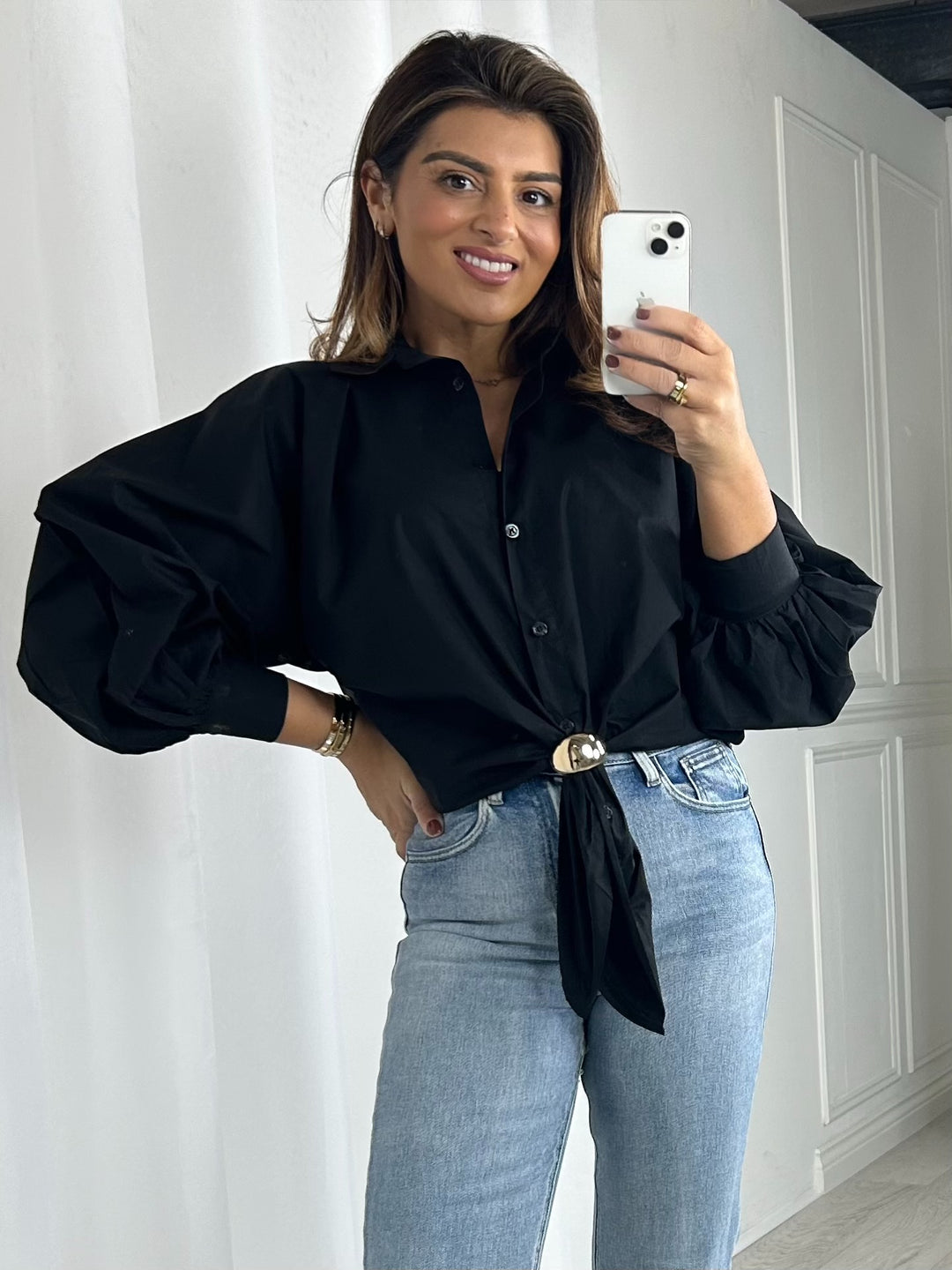 Collared Balloon Sleeve Gold Hardware Tie Front Shirt (4 Colours)